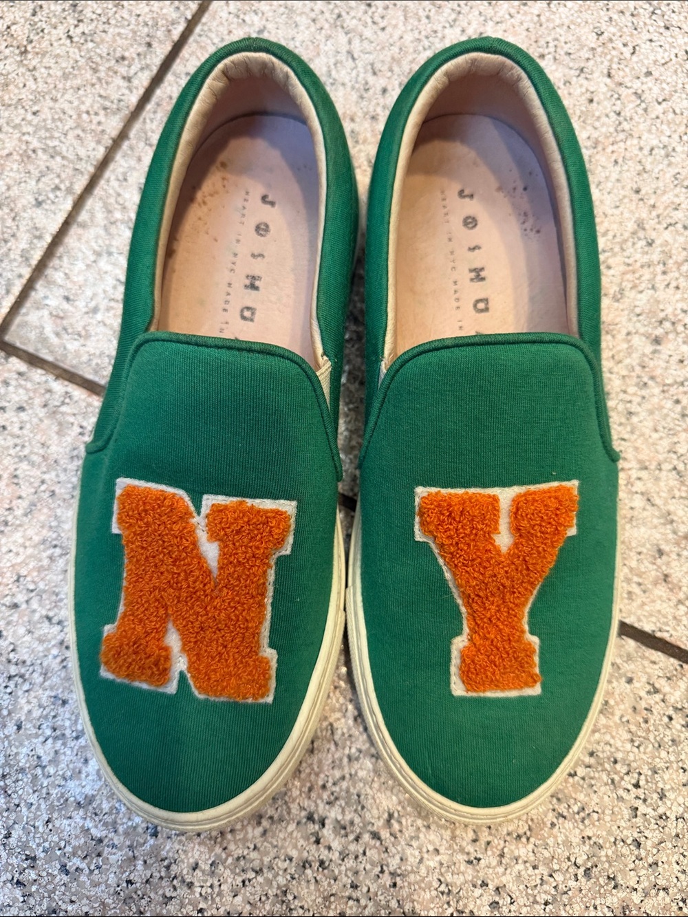 Joshua’s  Green Canvas Slip-On Sneakers with Orange 'NY' Patches